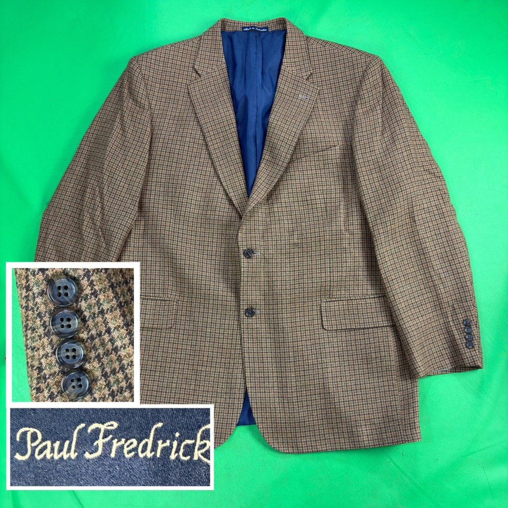 Paul Fredrick Houndstooth 100% Wool Sport Coat Mens 50L Brown 2-Button Blazer